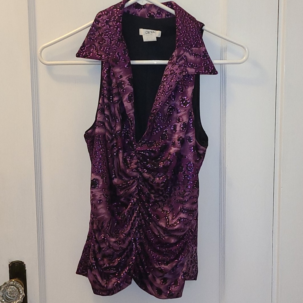 Cache shimmery leopard print top